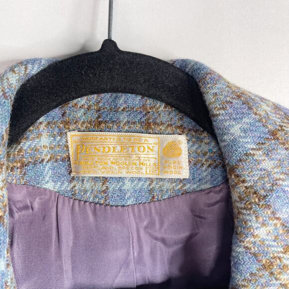 Vintage Pendleton Womens 12 Blue Brown Plaid Blazer Jacket Pure Virgin Wool - Picture 5 of 9
